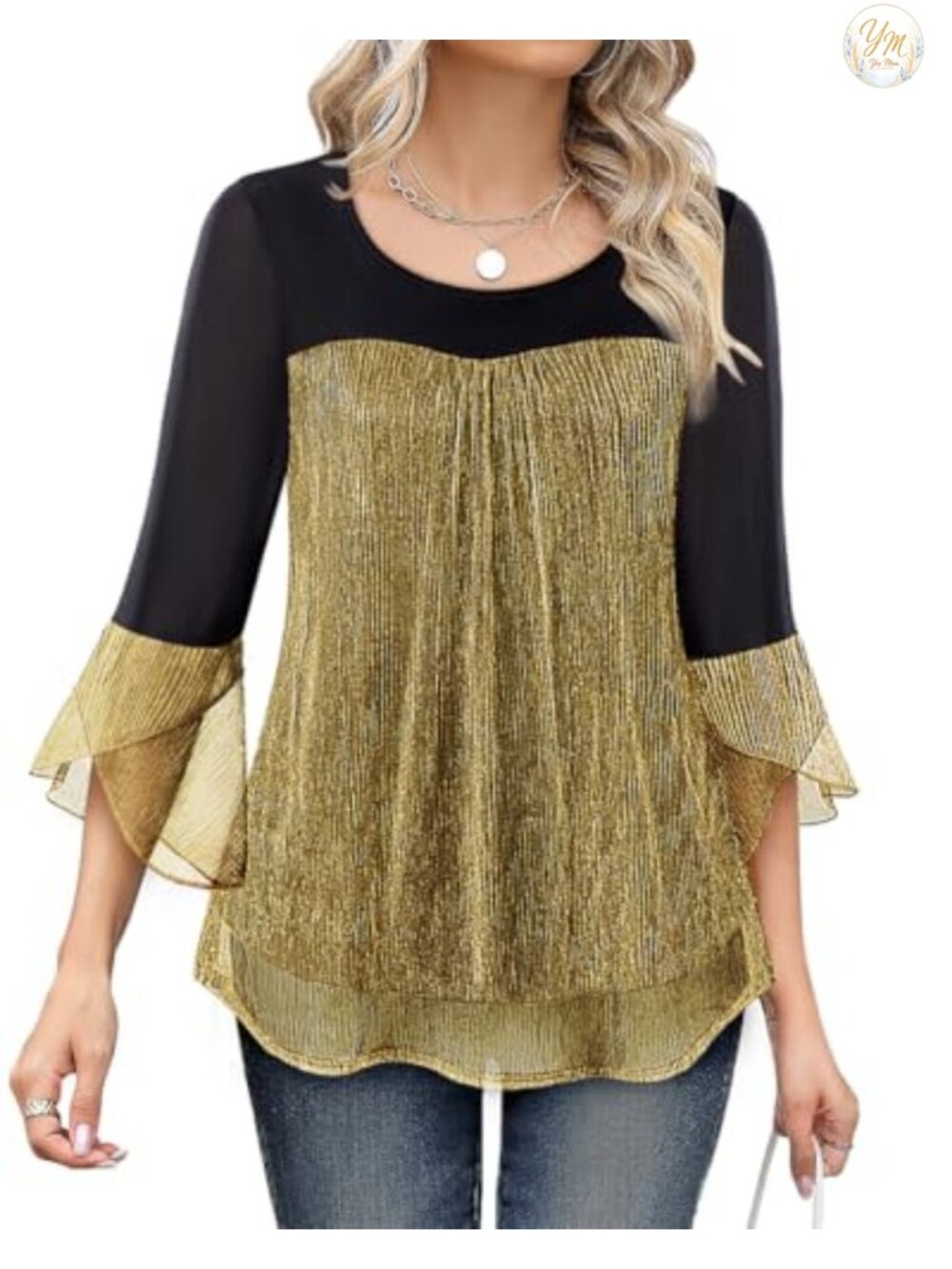 Bebonnie Women's Ruffle 3/4 Sleeve Mesh Tunic Top Dressy Blouse